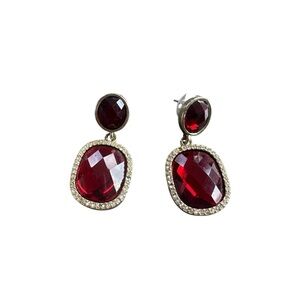 Vintage Gold and Red Gemstone with Rhinestone Accents Drop Earrings